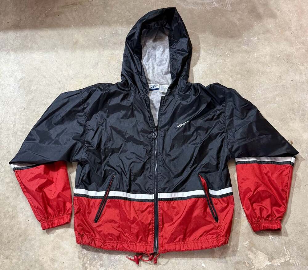 Reebok Vintage Windbreaker Jacket Size M Black Red Full Zip Hooded